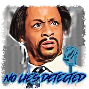 Puede incluir: Arte digital de un hombre con expresión de sorpresa, con camisa blanca y corbata estampada en blanco y negro. Un micrófono azul a la derecha. Las palabras "NO LIES DETECTED" están escritas en azul en la parte inferior.