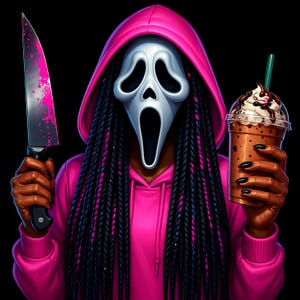 May include: Illustration of a figure in a pink hoodie and a Scream mask, holding a bloody knife in one hand and a chocolate drink in the other. The figure has long black braids with pink highlights. The background is black.