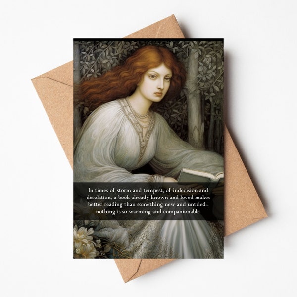 Elizabeth Goudge, card for book lover, book already known and loved, birthday card, pre-raphaelite card