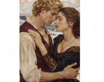 Imagen sin texto, portada prediseñada, formato KDP, romance histórico, uso comercial, pareja junto al mar.
