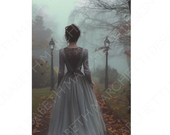 Portada de ebook de romance histórico: Mujer brumosa de espaldas (KDP JPG)