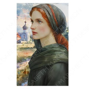 May include: Watercolor portrait of a woman with red hair and green eyes, wearing a dark green headscarf and shawl. A church with a white steeple is in the background, along with a landscape of fields and sky. The artwork has a soft, painterly style.