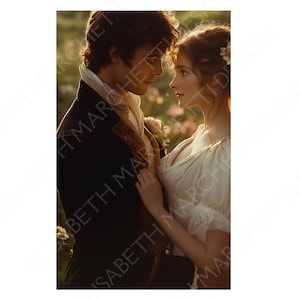 May include: A romantic digital art print featuring a man and woman in period clothing, gazing at each other in a garden setting. The man wears a dark coat with gold trim, and the woman is in a white dress. Soft lighting and flowers add to the scene.