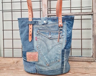 Shoulder Tote/ Handbag Retro 70s Patchwork. Recycled Blue Denim Messenger Bag