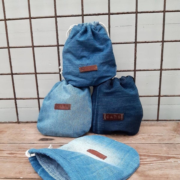 Drawstring pouches in jeans, pouch, denim pouch, make up bag, accessory bag, gift bag, no waste pouch, eco bag