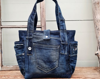 Dark blue denim bag, upcycled denim bag, denim shopper, denim purse
