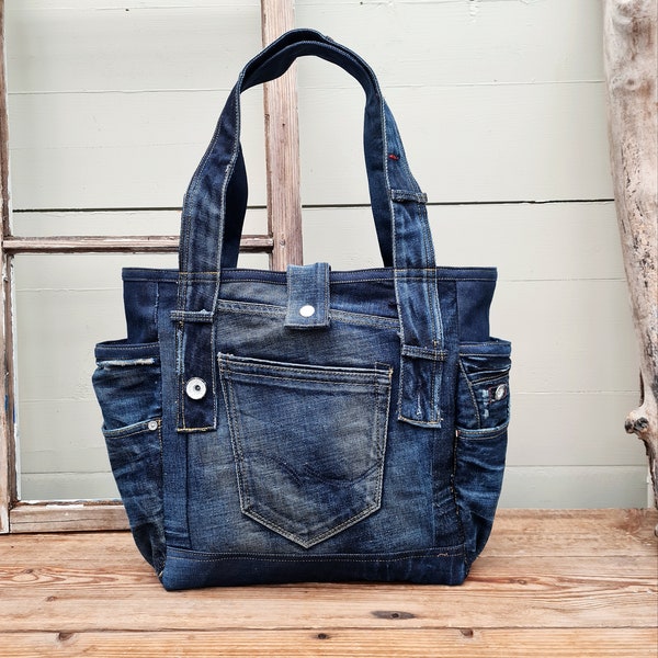 Donkerblauwe denim tas, upcycled denim tas, denim shopper, denim portemonnee