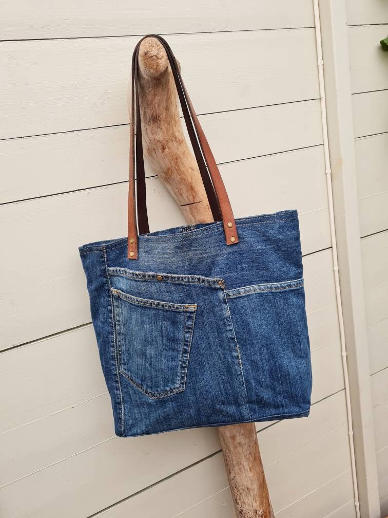 Denim Tote Bag Upcycled Denim Bag Patchwork Tote Bag Top - Etsy