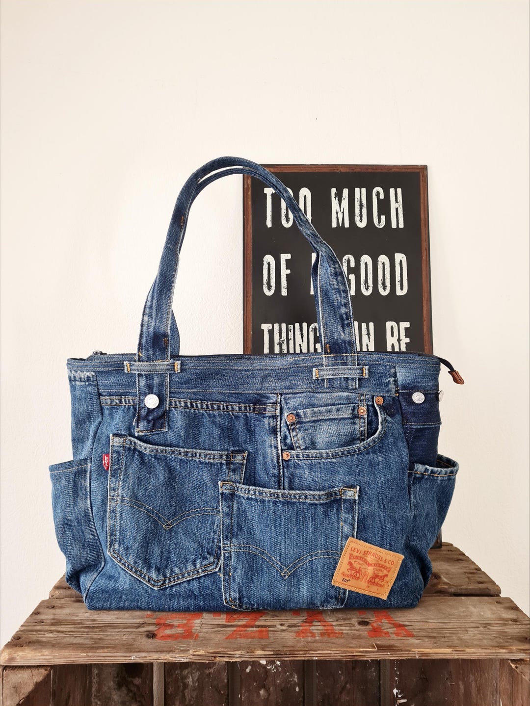 Upcycled Levis Denim Tote Bag, Jeans Shopper Purse, Handmade in