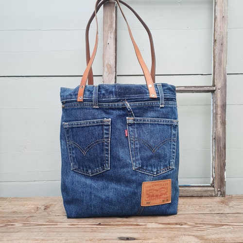 Levis Jeans Tote Bag With Leather Handle Levis Bag Denim | Etsy