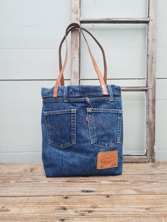 Levis Jeans Tote Bag With Leather Handle Levis Bag Denim | Etsy