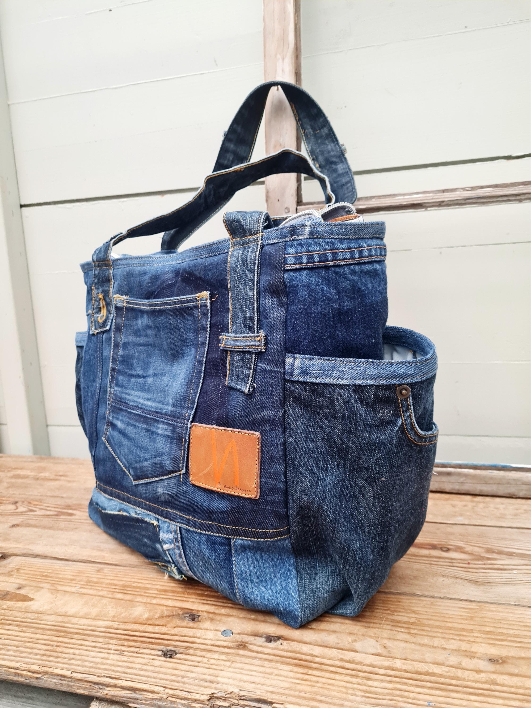 【DISCERNMENT】Patching denim shoulder bag Patched Shopper Bag, Upcycled Denim Bag, Upcycled Denim