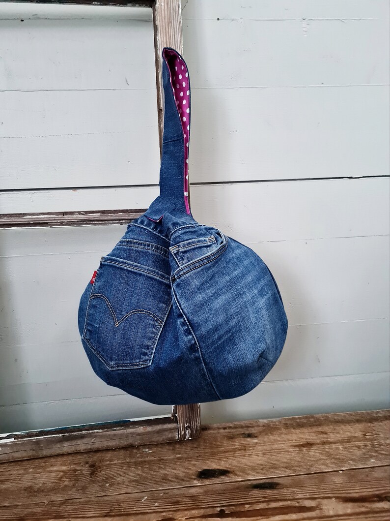 sac à nœuds en jeans, bracelet en denim recyclé, sac à nœuds, taille moyenne image 1