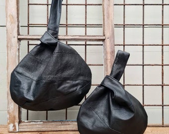 Recycled Black Leather Knot Bag: Patchwork Wristlet Purse