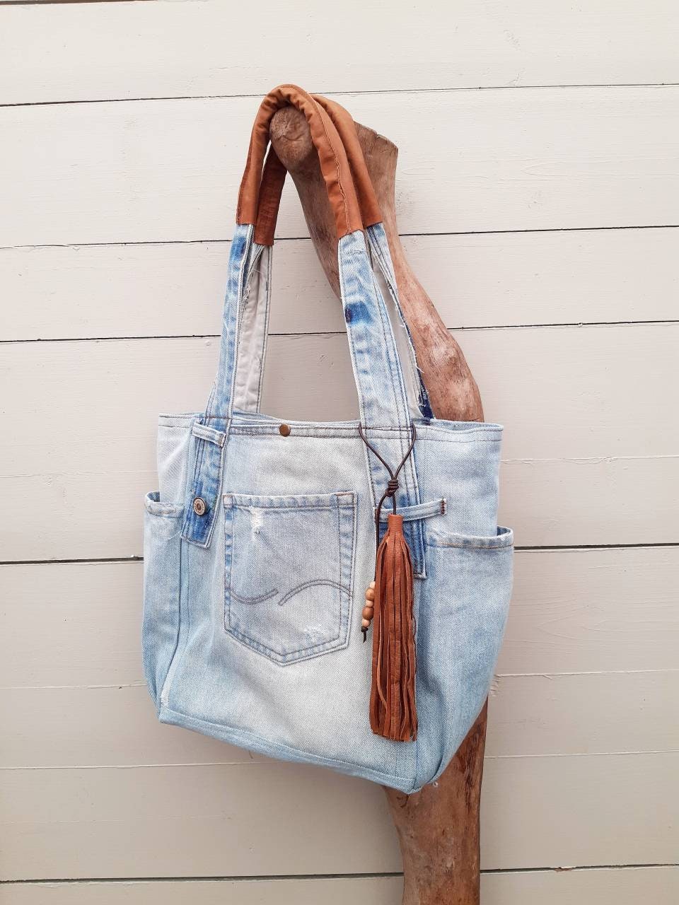 Jeans shopper with leather upcycled jeans bag denim tote | Etsy