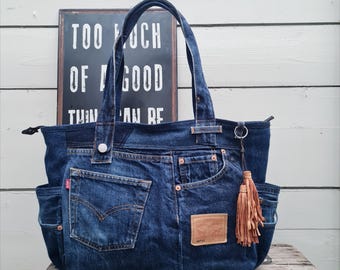 Upcycled Levi&#39;s Jeans Shoulder Bag: Denim Purse with Keyring