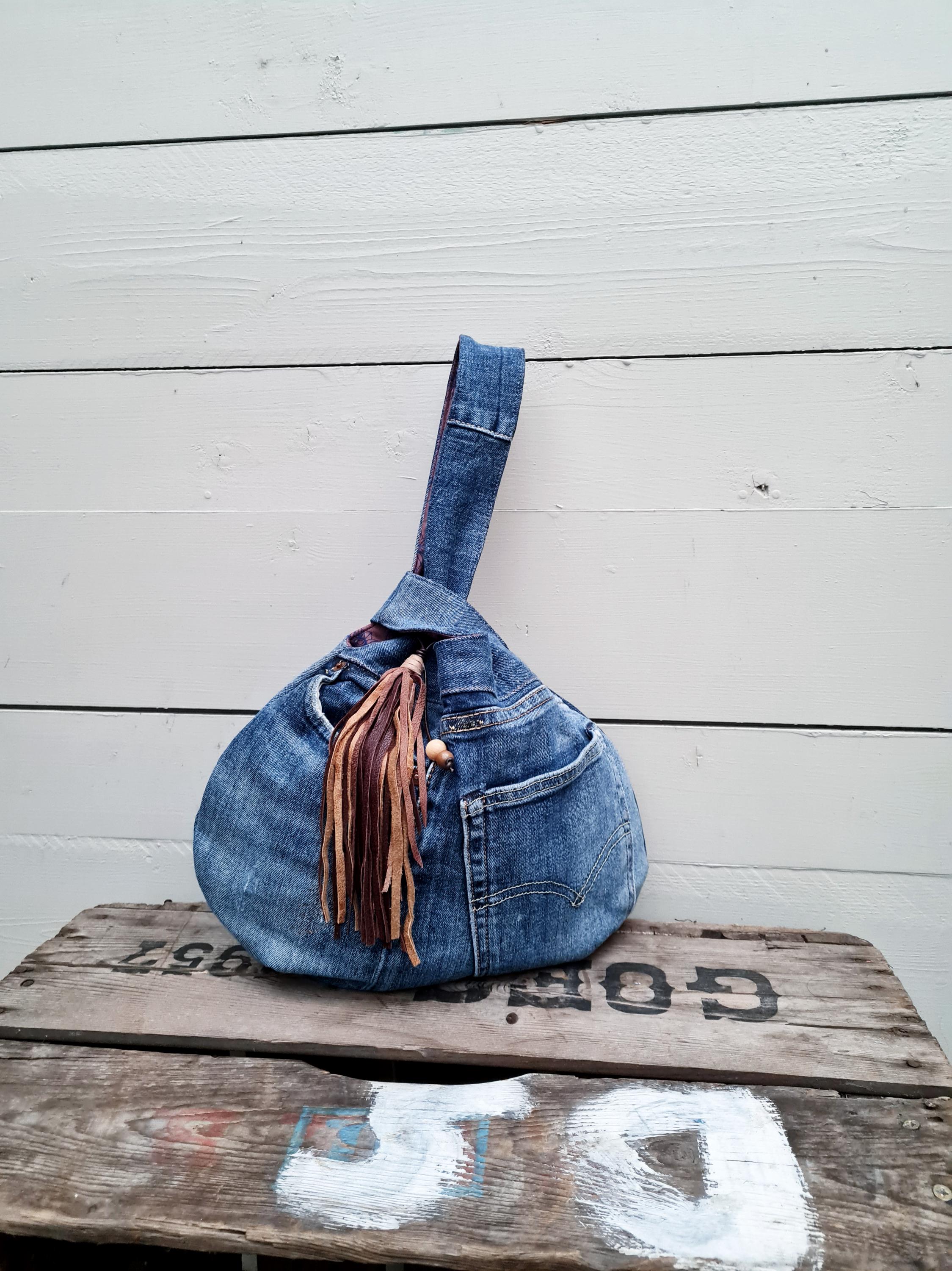 jeans knot bag, upcycled denim wristlet, knot bag, medium size