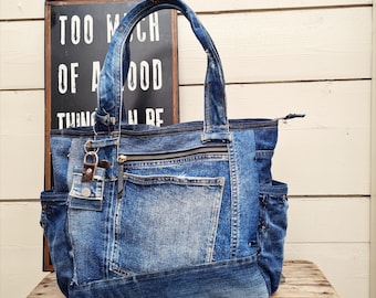 Patched denim bag, shoulder bag, jeans tote