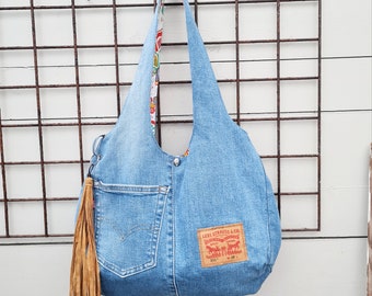 Blue denim hobo bag, upcycled shoulder bag