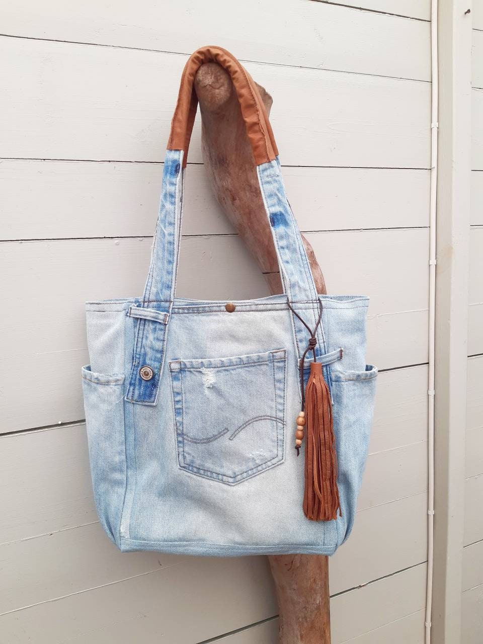 Jeans shopper with leather upcycled jeans bag denim tote | Etsy