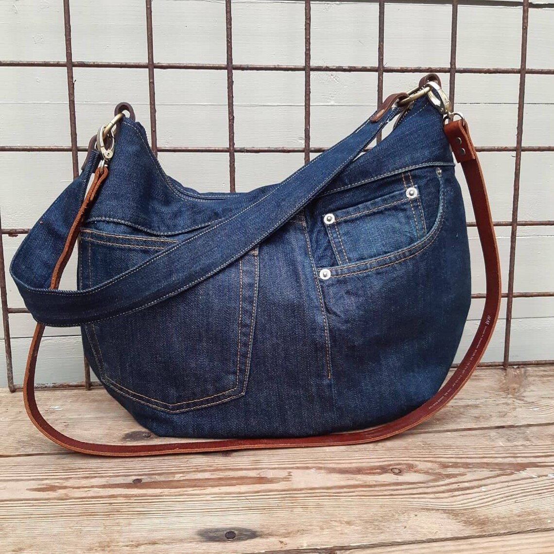Jeans Hobo Bag With Leather Handle Crossbody or Shoulder Etsy