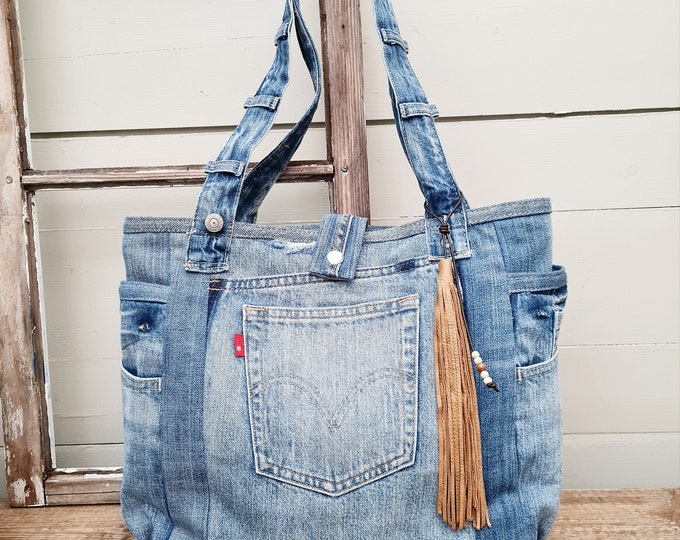 Shopper With Leather Details Upcycled Denim Bag Levis Jeans - Etsy