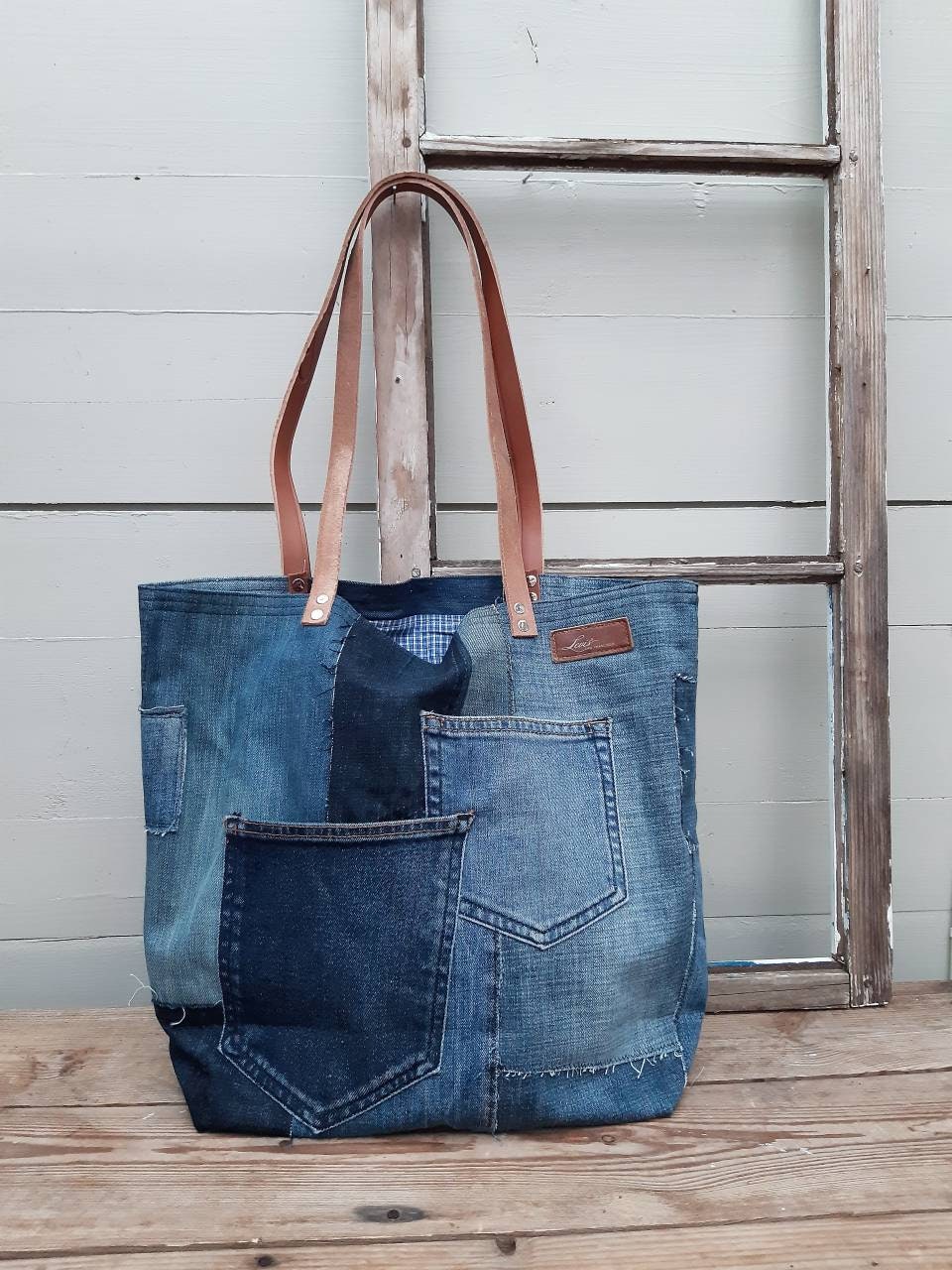 Jeans Tote Bag in Shades of Blue Leather and Jeans Shoulder - Etsy