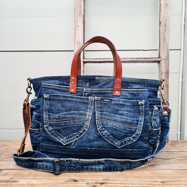 Reserved Lee jeans shopper with leather details, upcycled denim bag,