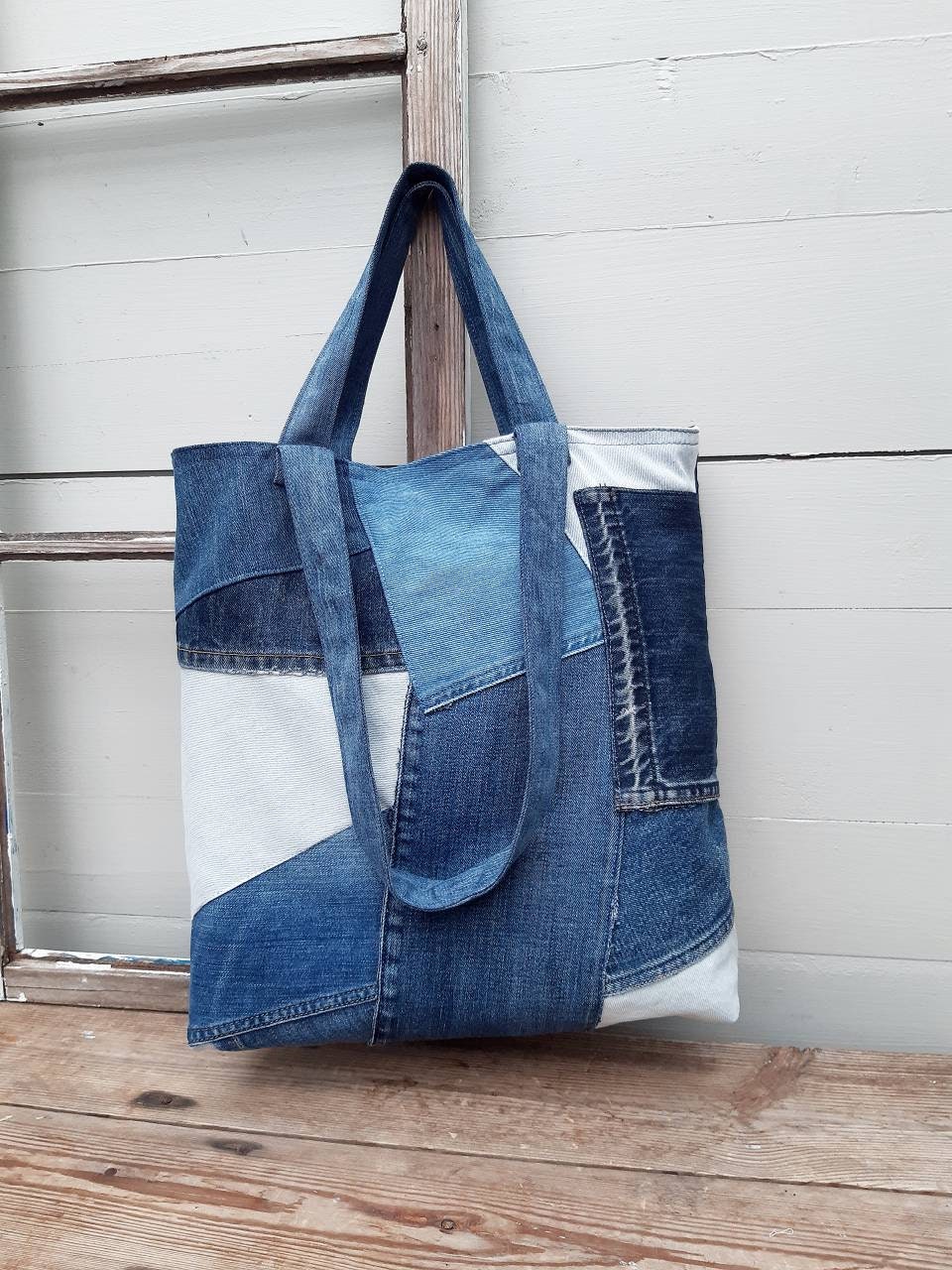 Patchwork Denim Bag Upcycled Denim Tote Bag Jeans Bag | Etsy