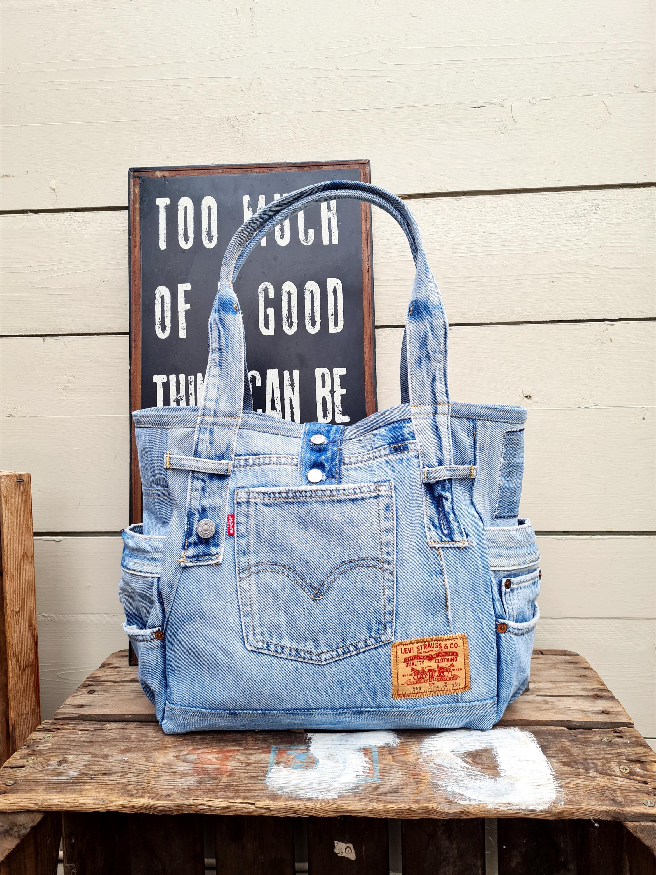 Upcycled Levi's Denim Shoulder Bag: 11 Pockets, Handmade in Sweden
