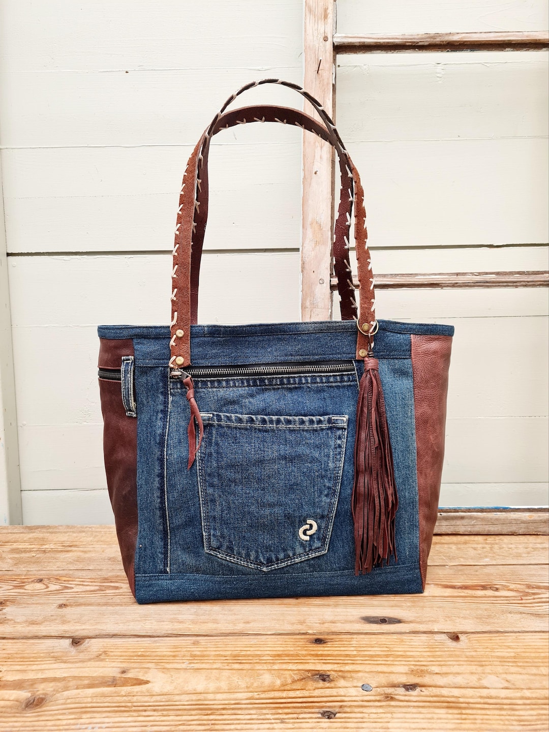 Upcycled Denim Tote Bag: Leather Accents, Recycled Materials - Main Image