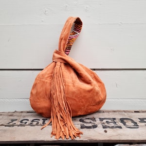 Mini Brown Suede knot bag with tassel, boho wristlet, evening bag,