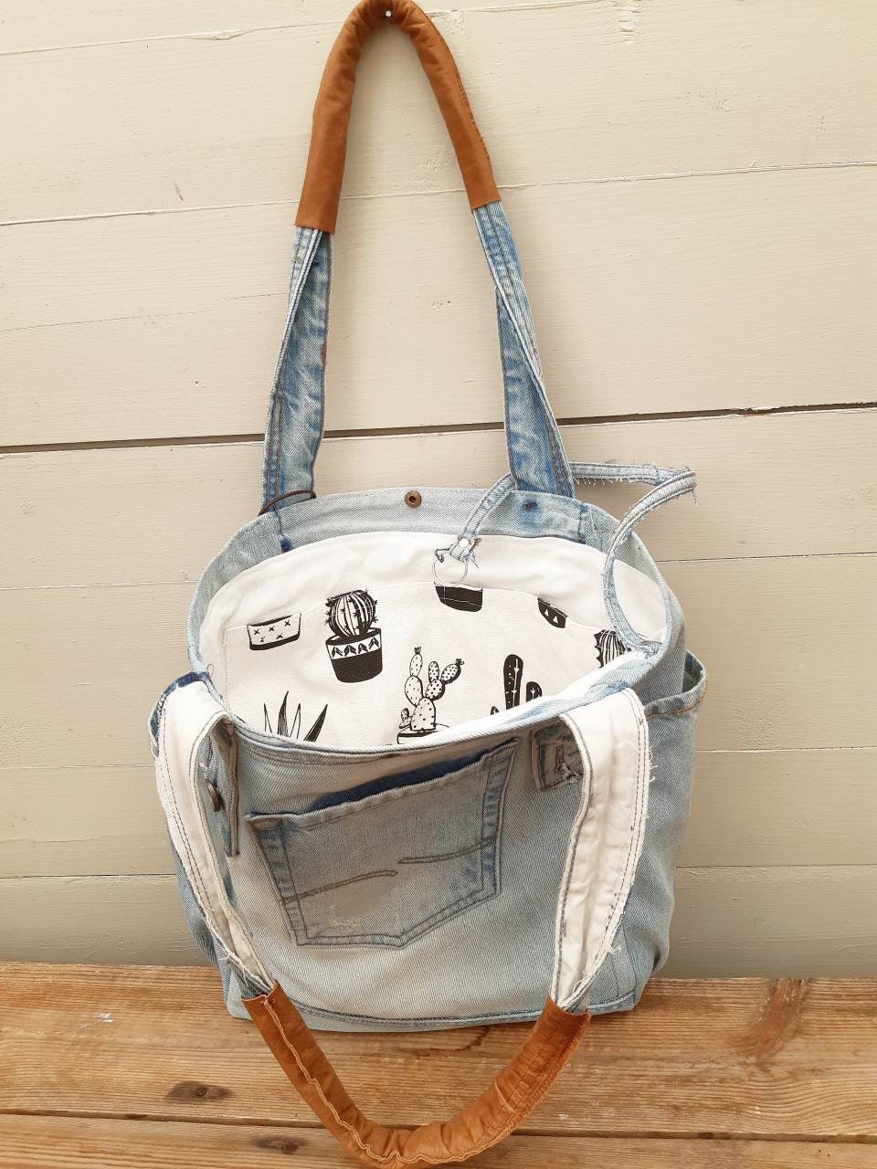 Jeans shopper with leather upcycled jeans bag denim tote | Etsy