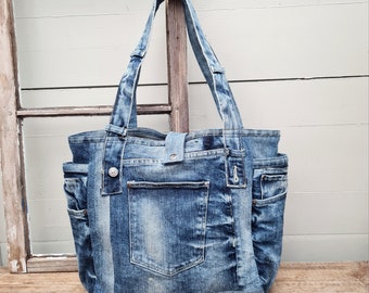 denim shopper, denim shoulder bag, upcycled denim bag, shoulder bag