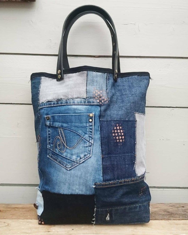 Patched jeans tote bag upcycling jeans bag jeans tote bag | Etsy