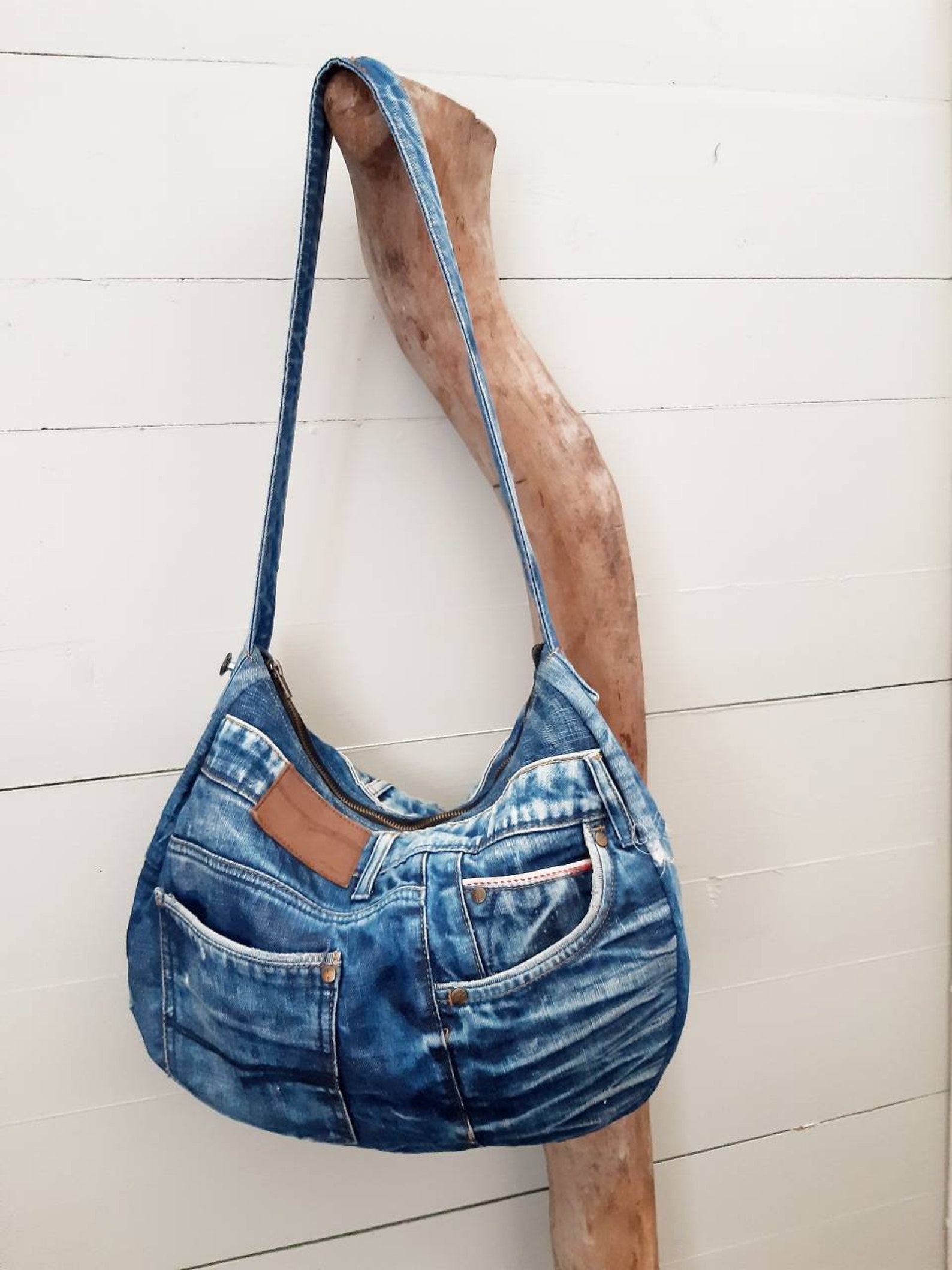 Faded Patched up hobo bag Jeans bag Jeans hobo bag upcycled | Etsy