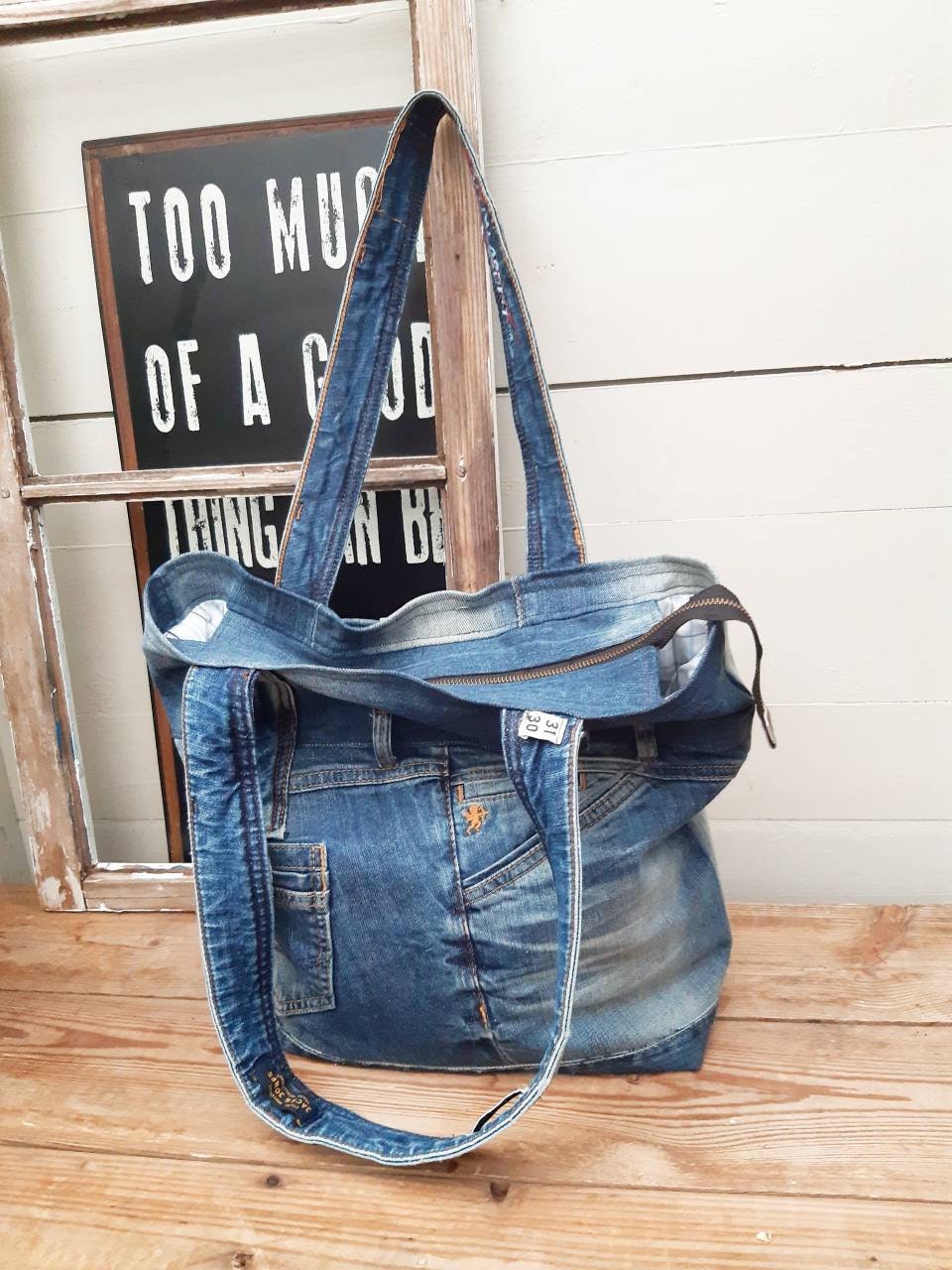 Relaxed Jeans shopper with zipper jeans tote bag big jeans | Etsy
