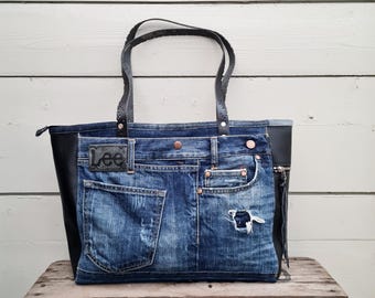 Upcycled Denim Tote Bag: Leather Details, Recycled Materials