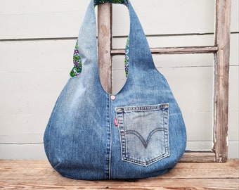 Blue denim hobo bag, upcycled shoulder bag
