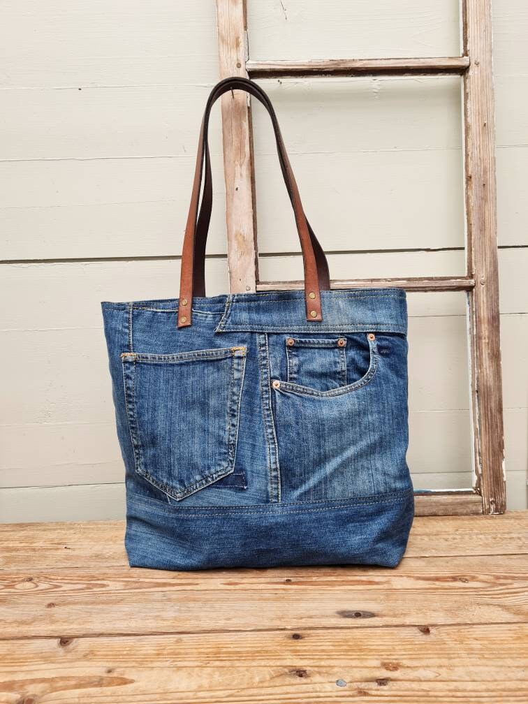 Denim Tote Bag Upcycled Denim Bag Patchwork Tote Bag Top - Etsy