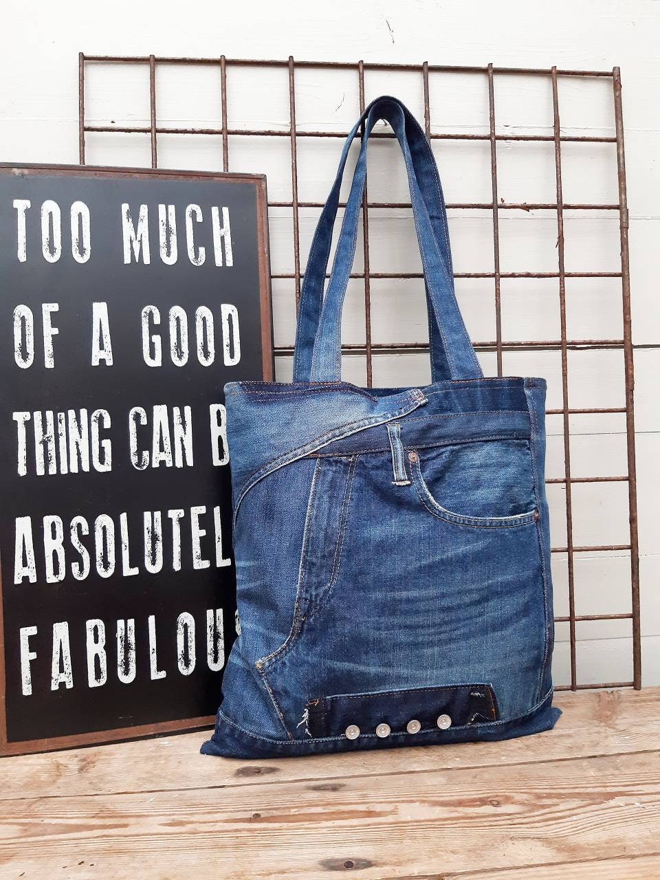 Jeans Patchwork Tote Bag Upcycled Denim 
