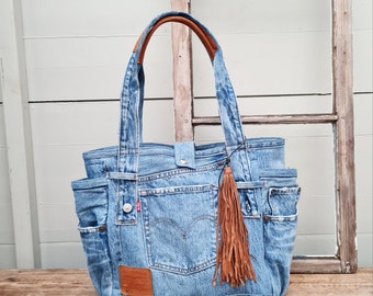 Shopper Levis Jeans con detalles de cuero, bolso de mezclilla reciclado, bolso de hombro boho