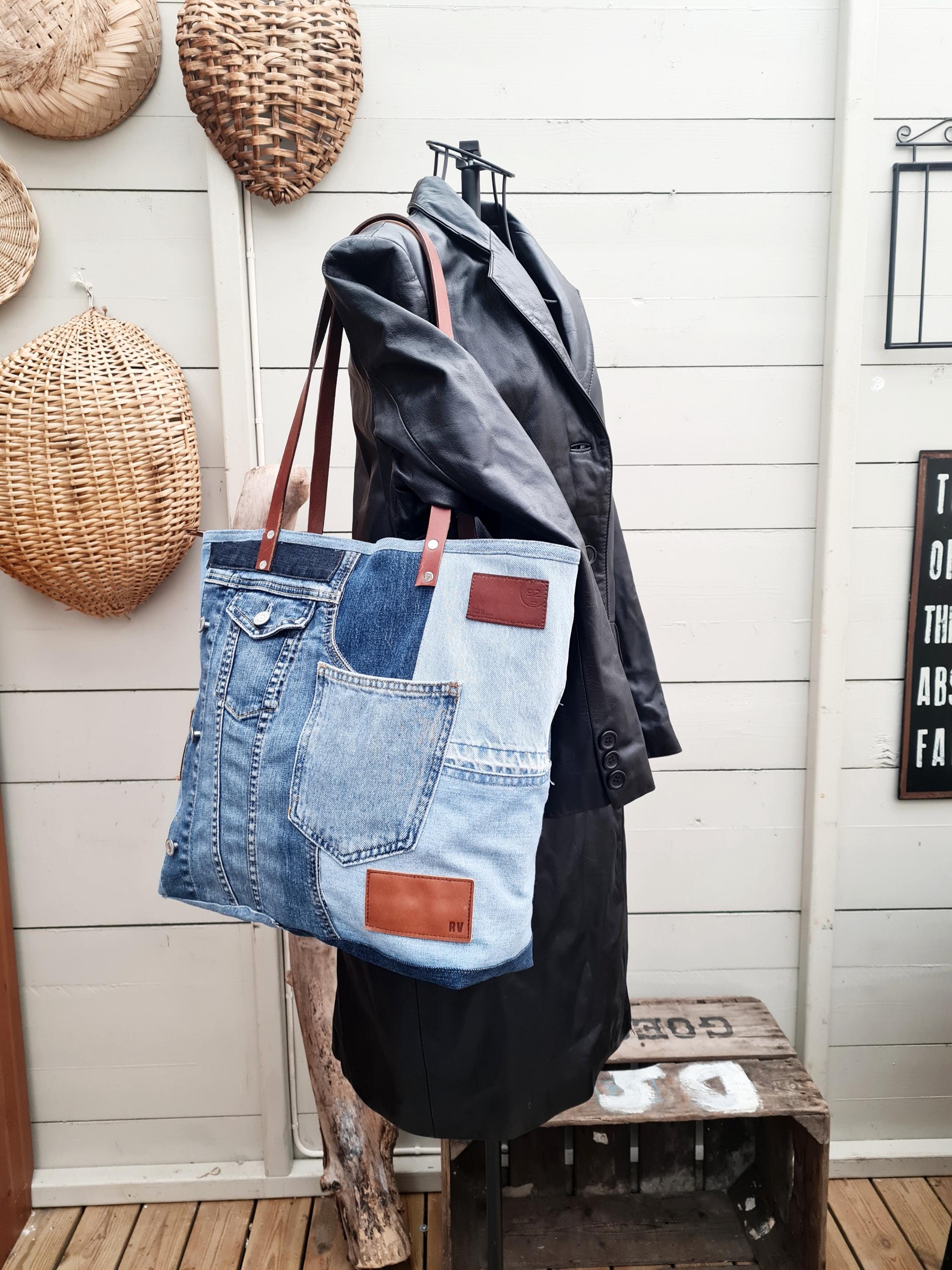 【DISCERNMENT】Patching denim shoulder bag Patched Denim Bag, Shoulder Bag, Jeans Tote - Etsy