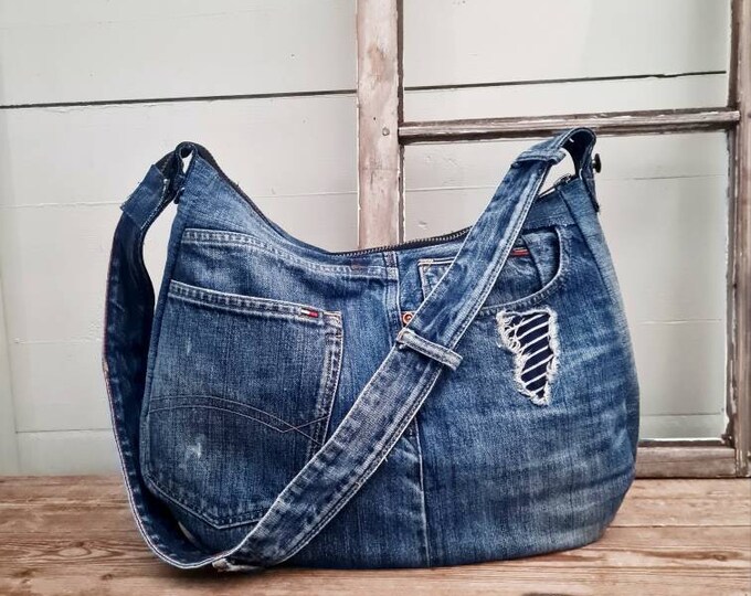 Denim Hobo Bag, Jeans Hobo Bag, Upcycled Denim Bag, Crossbody Bag, Etsy