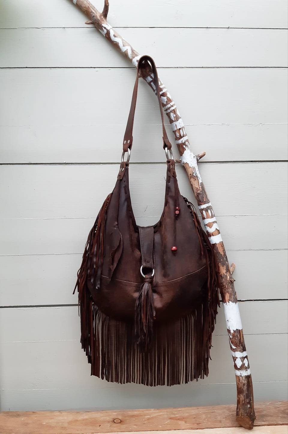 Womens Leather Brown Fringe Hobo Handbag Boho Shoulder Tassel Bag Purse 