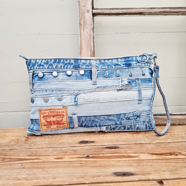 Denim clutch, clutch, pouch, rustic purse, denim wristlet