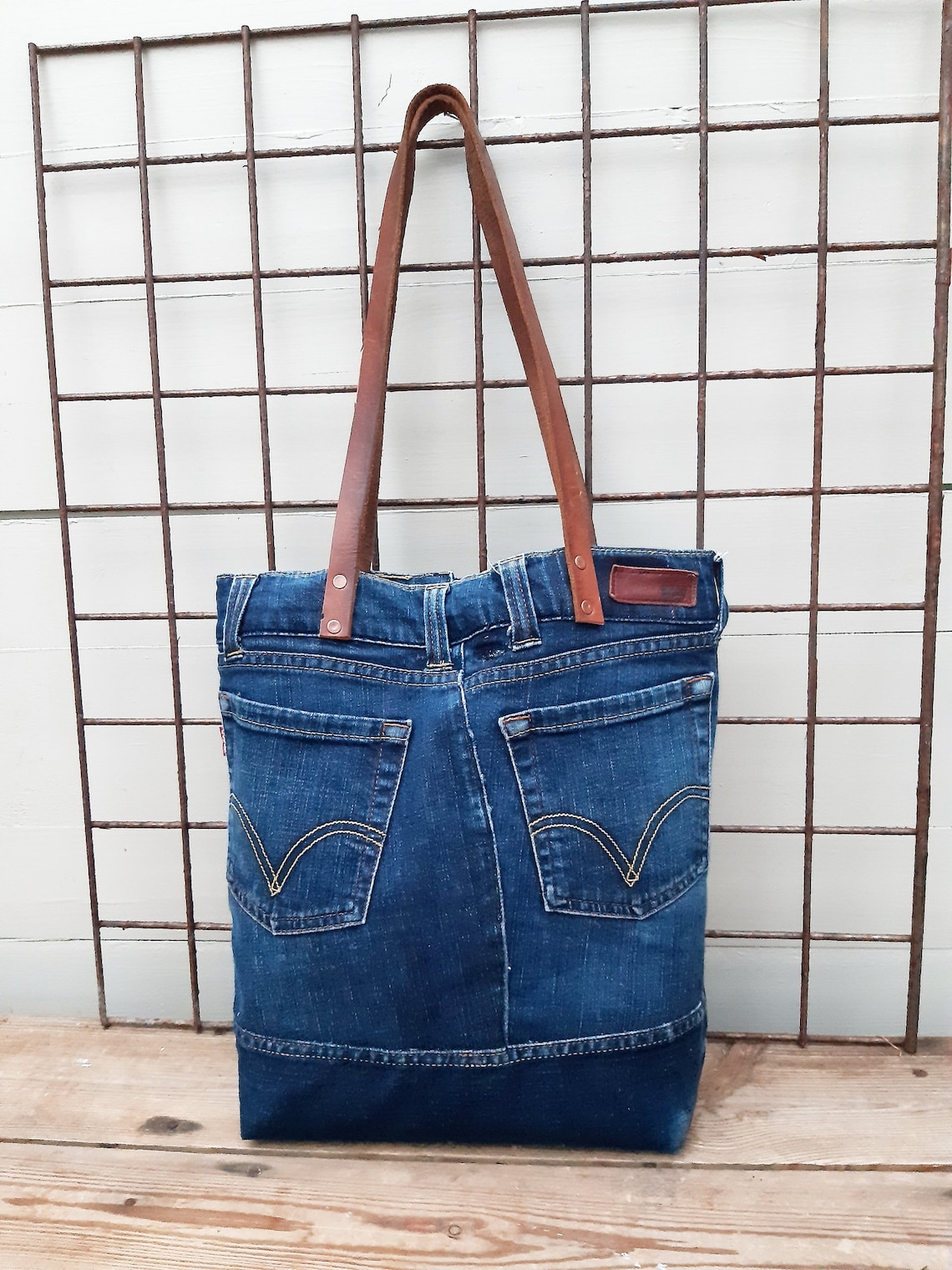 Levis Jeans Tote Bag With Leather Handle Levis Bag Denim Etsy