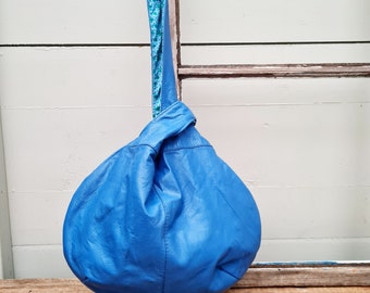 Blauwe lederen knooptas, gerecyclede leren tas, blauwe tas