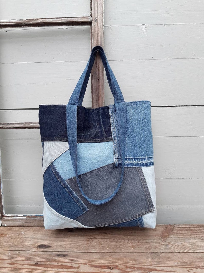 Boro Inspired Canvas Tote Bag, Sashiko Hand Stitch , Recycled Jeans And 85A