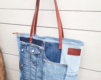 【DISCERNMENT】Patching denim shoulder bag Patched Denim Bag, Shoulder Bag, Jeans Tote - Etsy